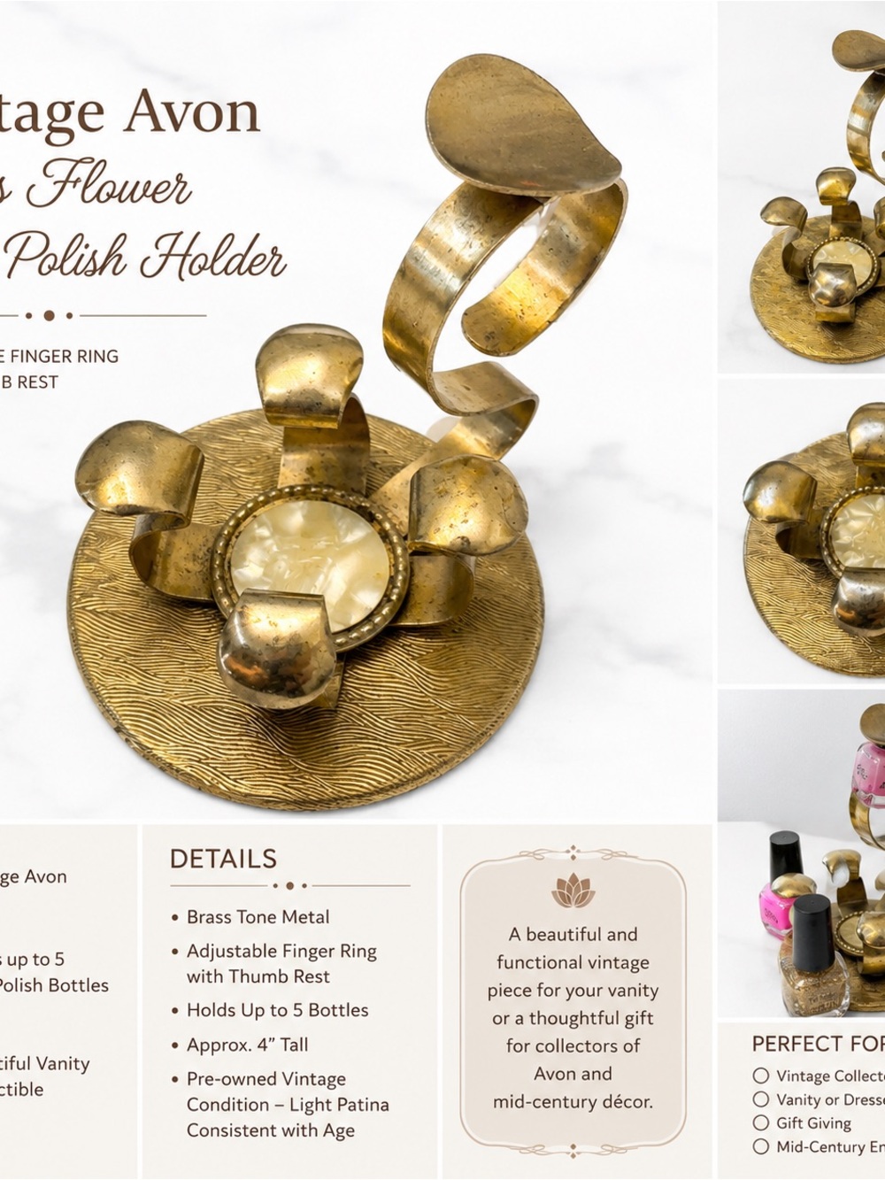 Vintage Avon Brass Lotus Flower Nail Polish Holder Vanity Accessory Mid-Century - Picture 6 of 6
